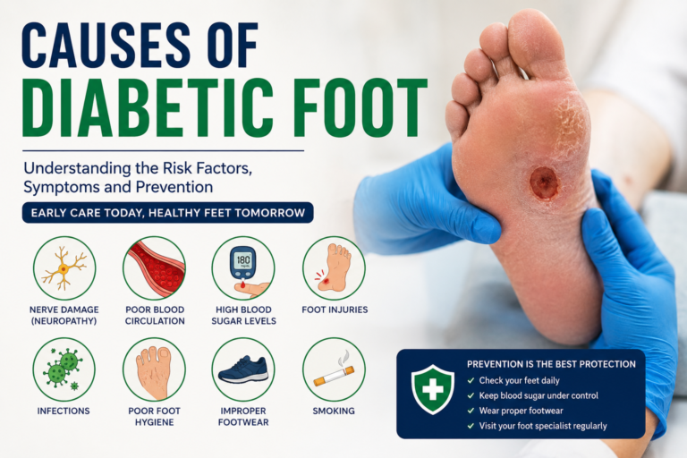 Causes of diabetic foot infographic with risk factors, symptoms, and prevention tips